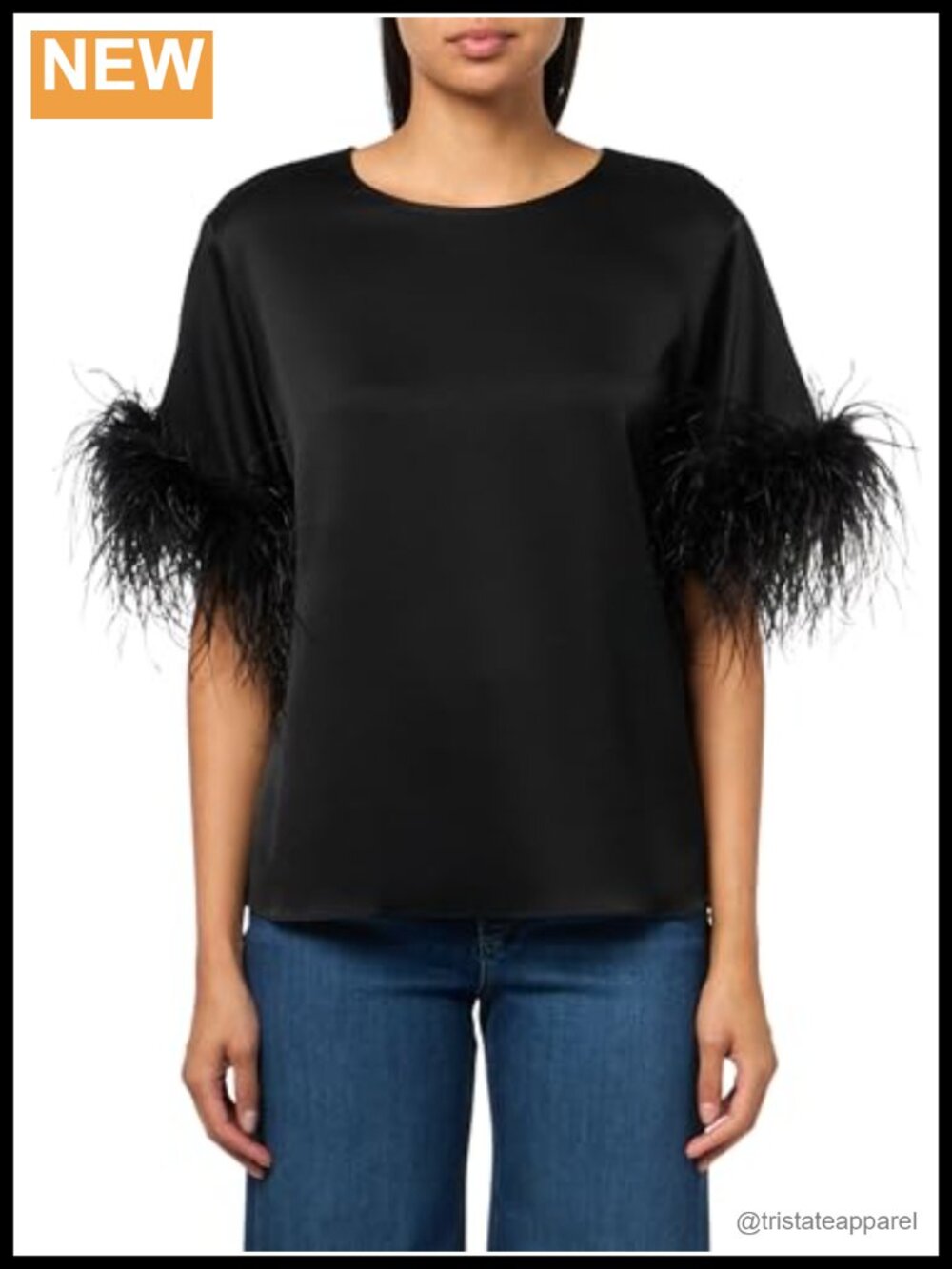 Women's Short Sleeve Blouse with Feathers Relaxed Fit Round Neck Pullover Blouse